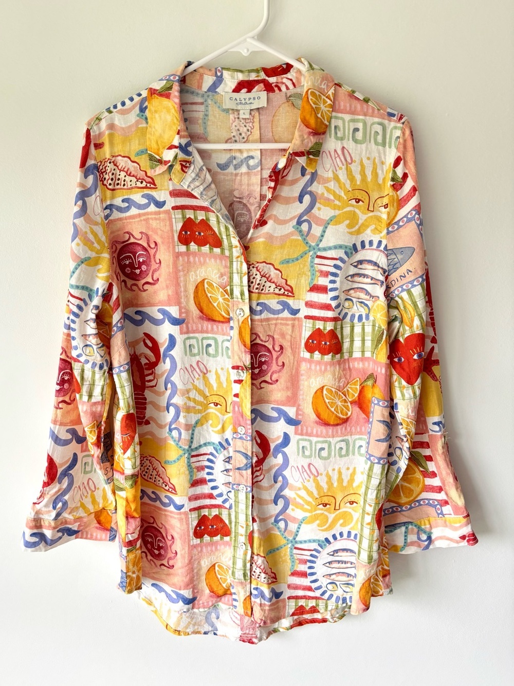 Calypso St. Barth Colorful Linen Blend Coastal Print Button Down Shirt Vacation
